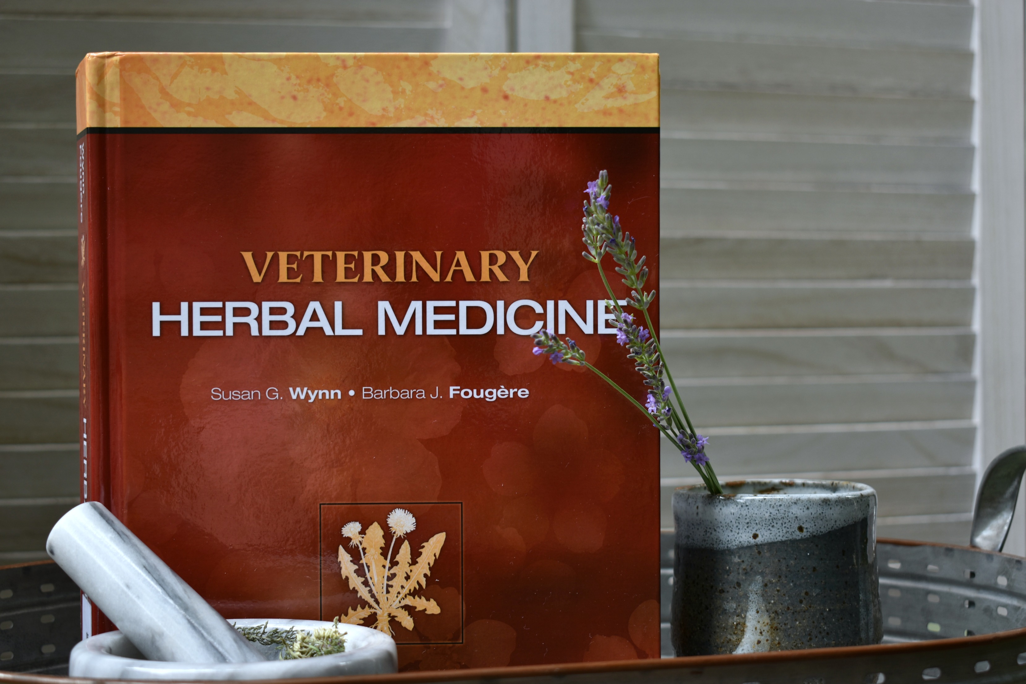 Veterinary herbal medicine textbook on a table with lavender